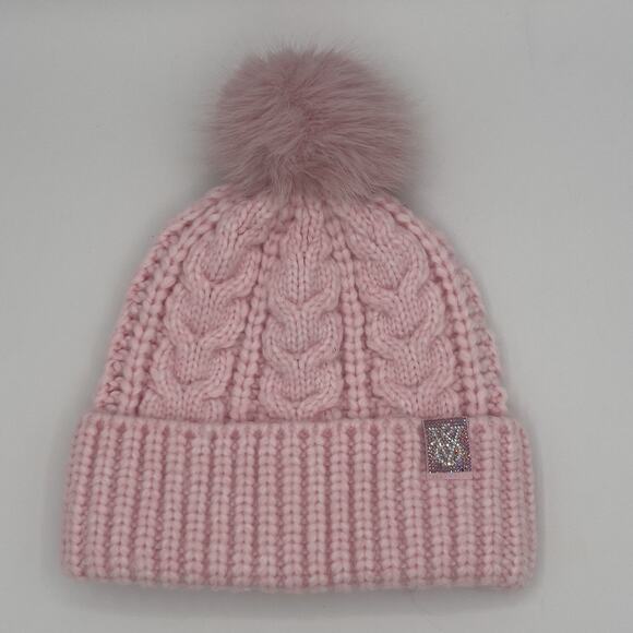 Victoria's Secret Beanie Hat Womens Pretty Pink Blossom Bling Patch Pom One Size - Picture 1 of 5